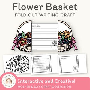 Flower Basket Mother’s Day Craft, Printable Fold Out Writing Activity for Kids, Keepsake Gift for Mom, Grandma, Aunt, Preschoolers DIY Card
