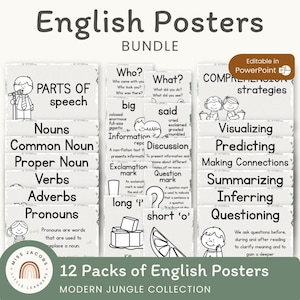 Pacchetto di poster per l'aula di inglese, set di 12 poster ELA moderni con tema giungla per decorazioni murali su bacheche, strategie di lettura e scrittura stampabili
