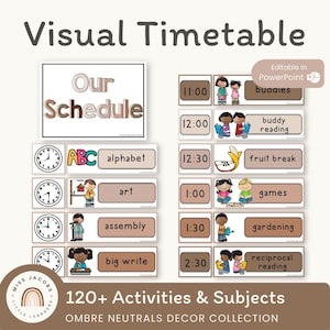 Ombre Visueller Stundenplan, bearbeitbare neutrale Klassenzimmer-Routinekarten, druckbarer täglicher Stundenplan, visueller Vorschul-Zeitplan mit Uhren