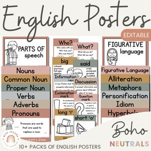 Boho English Posters BUNDLE, modernes neutrales ELA Lesen und Schreiben ELA Poster, Set von 12 Grund- bis Mittelschulbildungspostern
