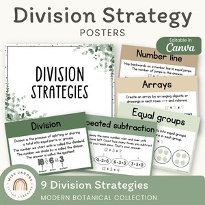 Könnte beinhalten: Lehrreiche Poster zum Thema Divisionsstrategien mit botanischem Thema. Die Poster erklären die Division anhand von Methoden wie Zahlenstrahlen, Arrays und gleichen Gruppen. Der Text "Editable in Canva" und "9 Division Strategies" ist enthalten.
