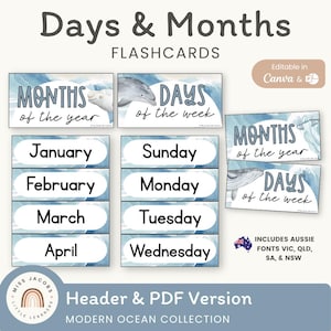Days and Months Flashcards Modern Ocean Theme:  Month of the Year Classroom Display  (Printable & Editable)