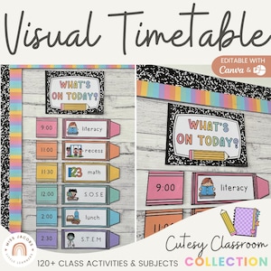 Horario visual de aula adorable, plantilla de horario visual con tema de regreso a la escuela, horario para niños imprimible con cuaderno de composición