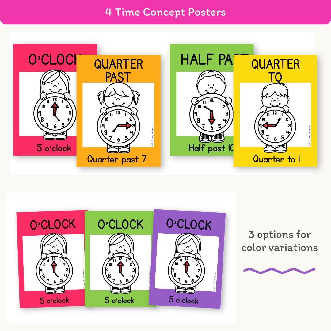 Clocking In Poster Telling Time and Analog Clock Posters: Neon Bright Classroom Display ...