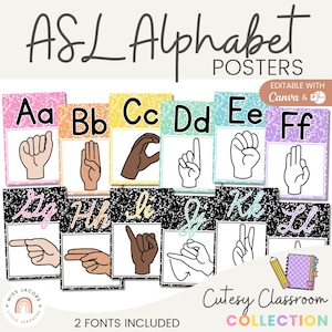 Cutesy ASL Alphabet Posters, Printable American Sign Language Classroom Decor, A-Z ASL Hand Signs, Composition Book Theme Wall Display