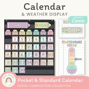 Puede incluir: Un calendario de bolsillo negro con pantalla meteorológica y tarjetas en tonos pastel para días, fechas y temperaturas. El texto incluye Calendar & Weather Display, June, Summer, Today, Wednesday, Temperature Today, Very Hot, Hot, Warm, Cool, Cold, Freezing.