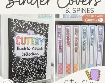 Cutesy Binder Covers and Spines, Colorful Binder Spines Templates, Editable Teacher Binder Covers, Printable Planner Cover Teacher Folder