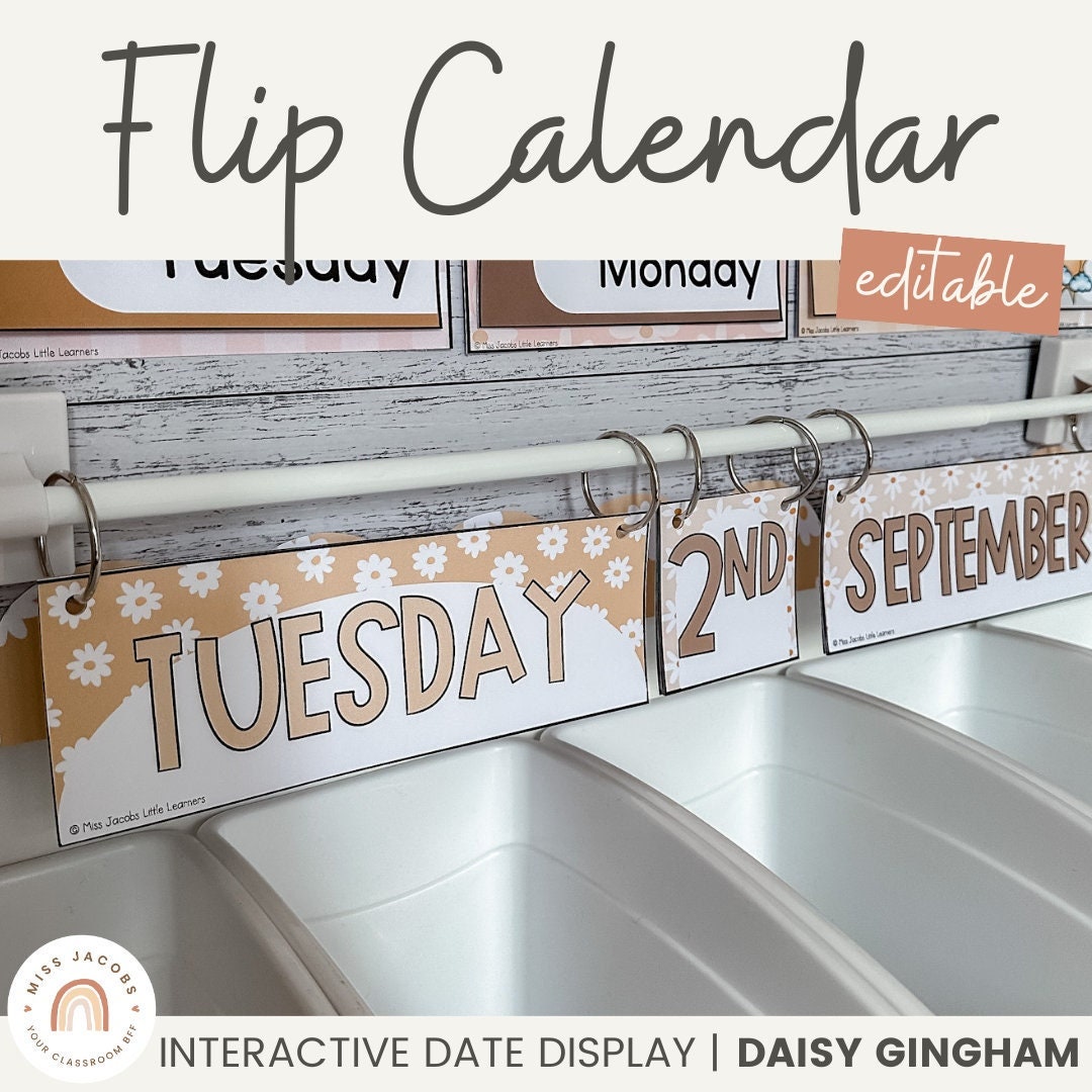 Flip Calendar Interactive Date Display Daisy Gingham Neutrals Classroom ...