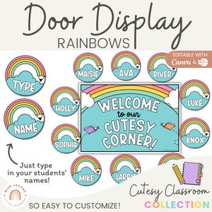 Rainbow Door Display Cutesy Classroom Decor, Back to School Theme Editable Student Names, Printable Composition Book Classroom Door Sign