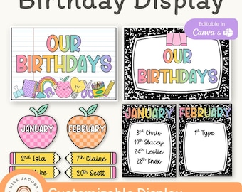 Niedliches Geburtstagsdisplay zum ausdrucken, helles Geburtstags-Klassenzimmer-Wanddisplay, bearbeitbares Bulletin Board-Kompositionsbuch + kariertes Display-Set