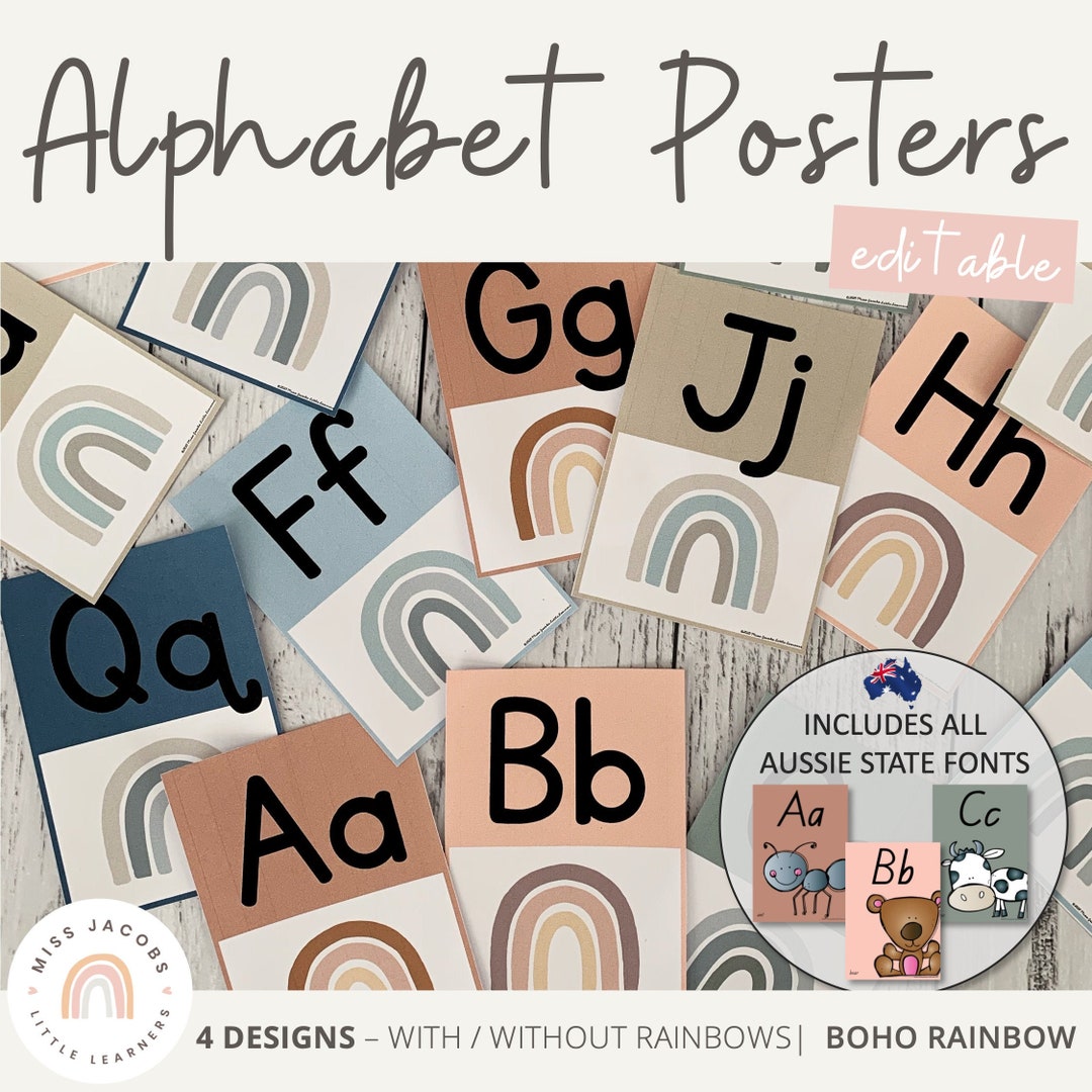 BOHO RAINBOW Alphabet Posters Editable Neutral Rainbow Classroom Decor