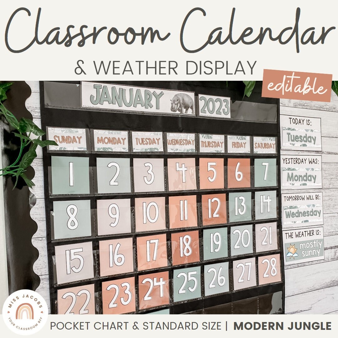 Classroom Calendar Modern Jungle Pocket Chart and Standard Size Etsy