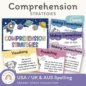 May include: Educational posters with the text "Comprehension Strategies" and "Making Connections". The posters feature space-themed illustrations, including a rocket ship, planets, and stars. The text "USA / UK & AUS Spelling" is also visible.