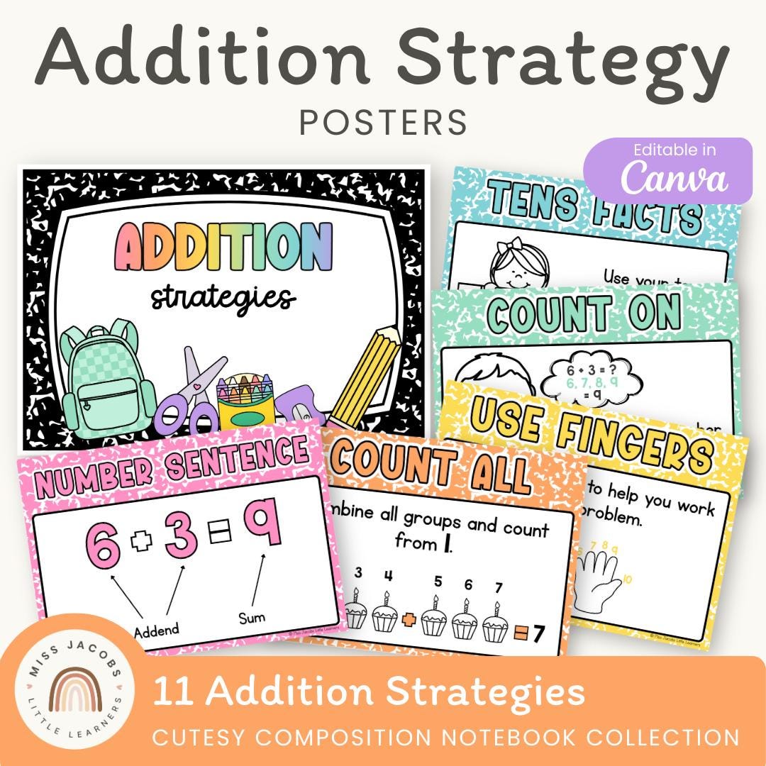 Addition Strategies Posters: Cutesy Composition Notebook Theme Math ...