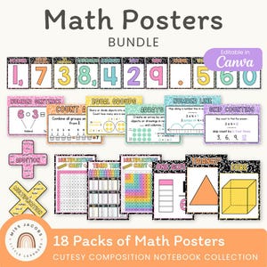 May include: A bundle of 18 math posters with colorful designs, including number sentences, equal groups, arrays, and skip counting. The posters feature the text "Math Posters Bundle" and "Editable in Canva".