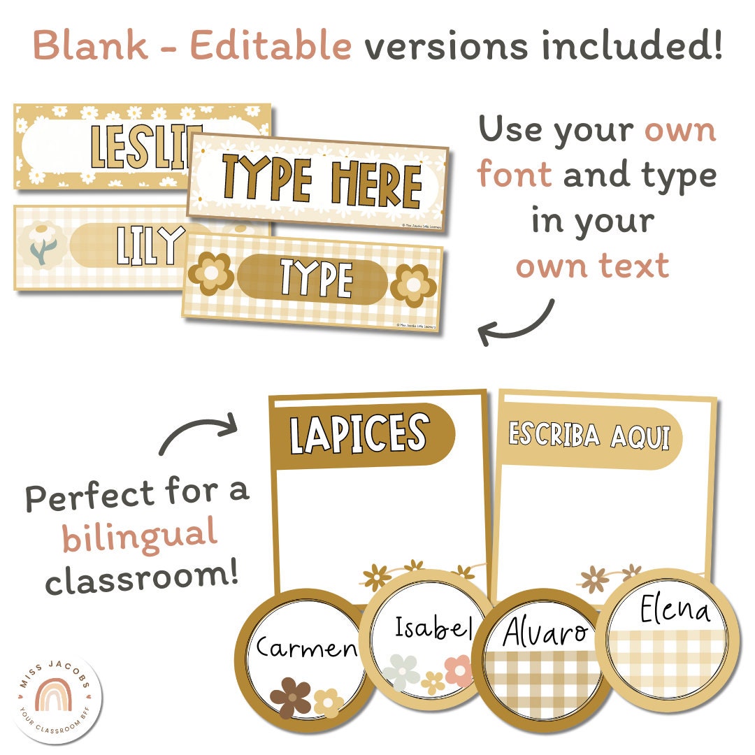 Classroom Supply Labels and Student Name Tags Bundle | Daisy Gingham ...