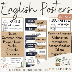 Englisches Klassenzimmer Poster Bundle, Set mit 12 Boho Pflanzen ELA Postern für Bulletin Board Sehhilfen, druckbare Lese- und Schreibankerkarten