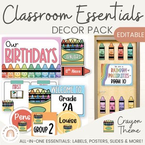 Back to School Crayon Theme Classroom Decor Essentials Pack, Editable Teacher Essentials Decor Set of 5, Printable Posters & Displays Bundle