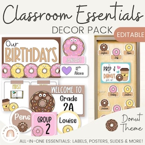Cute Donut Classroom Decor Bundle, 5 Sets Editable Pastel Teacher Essentials, Printable Elementary Must Have Decorations for Classrooms