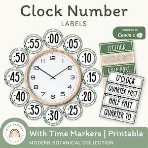 Etiquetas de reloj para el aula, minutos y frases de tiempo, visualización de la hora editable, decoración moderna de reloj de eucalipto con un toque botánico y tranquilo.