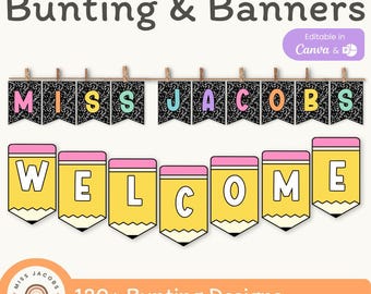 Cutesy Bunting & Banners, Editable Bulletin Board Letters Composition Book, Back To School Theme Bunting Flag and Pendant Letters Template