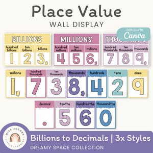 May include: A place value wall display with cards showing numbers from billions to decimals. The display includes labels such as 'hundreds', 'tens', and 'ones'. The text 'Place Value Wall Display' is at the top. Part of the 'Dreamy Space Collection'.