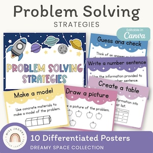 Puede incluir: Un conjunto de carteles educativos con estrategias de resolución de problemas. Los carteles presentan un diseño colorido con ilustraciones de temática espacial, incluyendo un cohete, planetas y estrellas. El texto incluye "Estrategias de resolución de problemas".