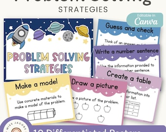 Math Problem Solving Strategies Posters: Dreamy Space Theme Anchor Charts (Editable & Printable)