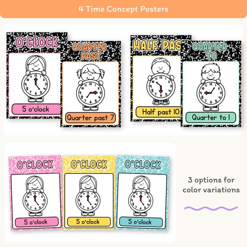 Clocking In Poster Telling Time and Analog Clock Posters: Cutesy Composition Notebook ...