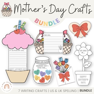Kit de artesanato para o Dia das Mães, cartões de lembrança para imprimir e atividades de escrita, buquê de flores, carta de coração para a mãe, artesanato faça você mesmo para crianças