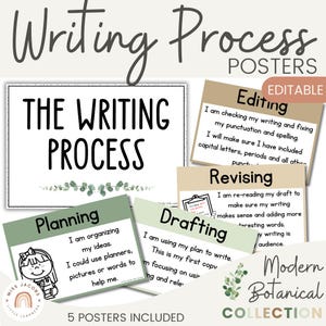 5 Steps of Writing Process Posters, Printable ELA Anchor Charts, Modern Botanical Farmhouse, Editable English Educational Posters
