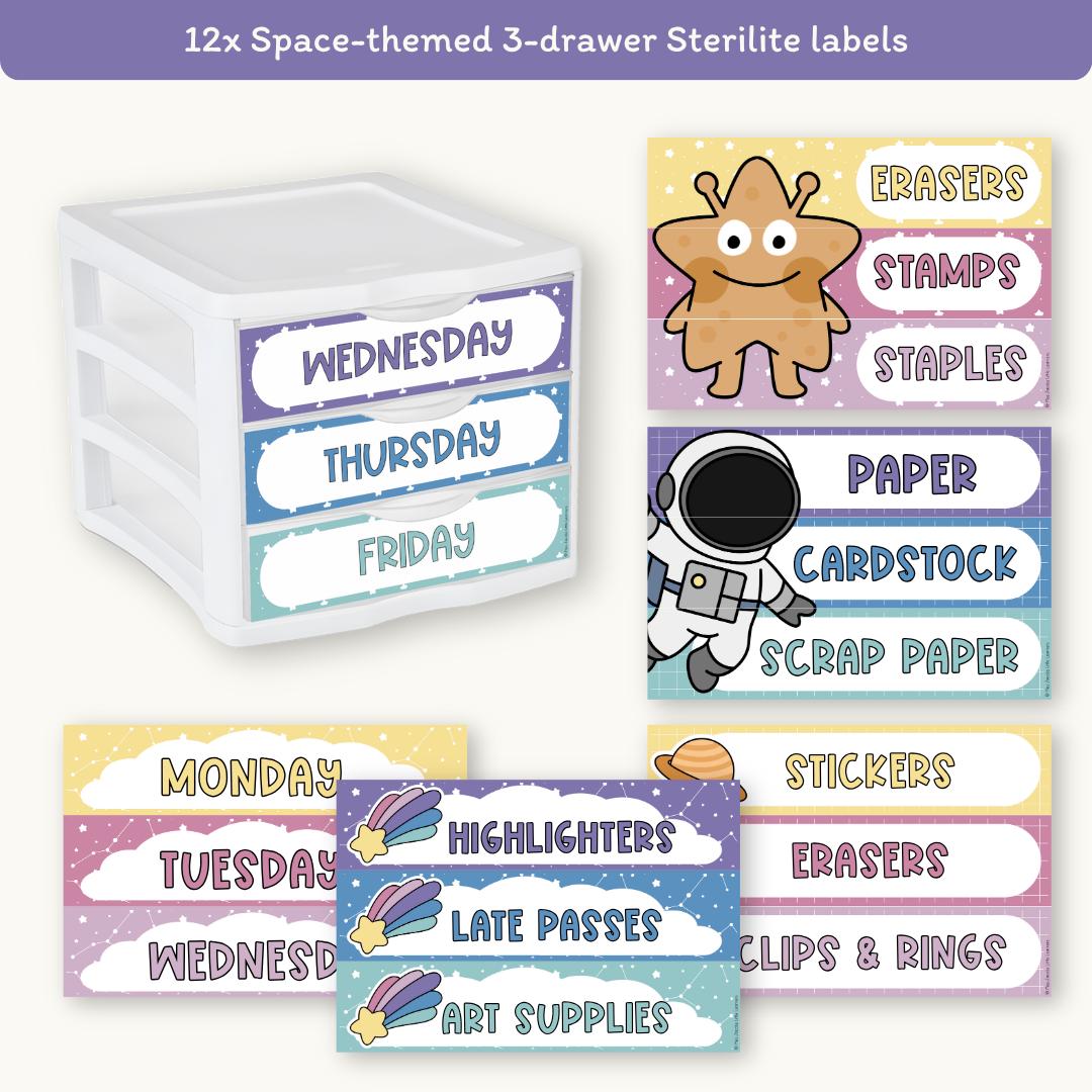 Sterilite 3-drawer Labels: Dreamy Space Theme Classroom Supply ...