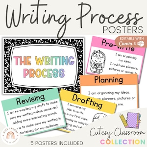 Cutesy Writing Process Posters, Printable ELA Anchor Charts, Colorful 5 Steps of Writing Posters Composition Book English Bulletin Board