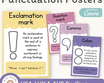Puede incluir: Pósteres educativos de puntuación con signo de exclamación, interrogación, coma y dos puntos. Cada póster incluye una definición y una frase de ejemplo. Los pósteres tienen un tema de espacio de ensueño y son editables en Canva.