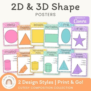 Peut inclure: Une collection d'affiches sur les formes 2D et 3D présentant des illustrations colorées de cercle, triangle, carré, rectangle, ovale, étoile, cylindre, prisme triangulaire, prisme pentagonal, prisme hexagonal, pyramide triangulaire et carrée.
