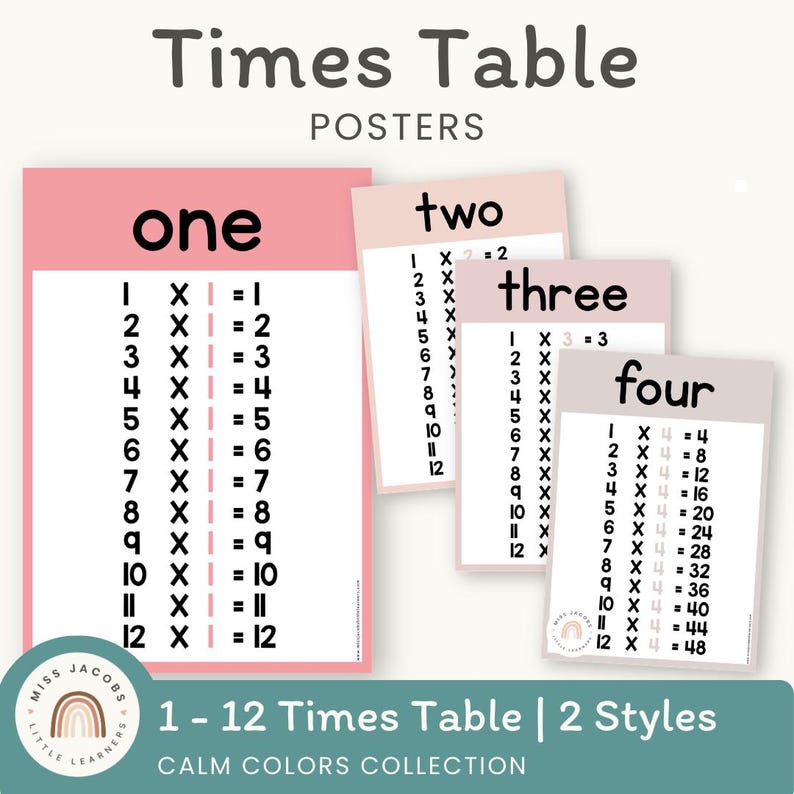 Times Table Chart - Rainbow Calm Colors - Miss Jacobs Little Learners