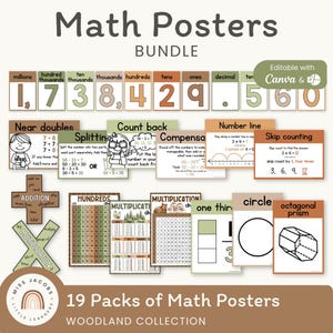 Woodland Rustic Math Posters Bundle, druckbares 19 Numeric Poster Set, bearbeitbare neutrale Math Bulletin Displays, Lernankerkarten