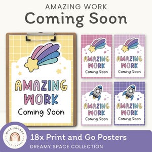 May include: A collection of colorful posters with the text "AMAZING WORK Coming Soon." The posters feature a shooting star, a rocket, and a rainbow. The background is a light yellow grid pattern. The collection is labeled "18x Print and Go Posters."