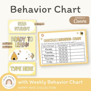Puede incluir: Un conjunto de tablas de comportamiento imprimibles con un tema de abejas en amarillo y blanco. Incluye una hoja de seguimiento semanal titulada Chantelle's Behavior Chart, además de etiquetas para Star Student, Ready to Learn y Type Here.