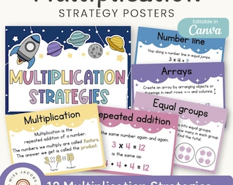 Multiplikationsstrategien-Poster zum Thema „Traumhafter Weltraum“: Klassenzimmer-Ankerdiagramme (druckbar und bearbeitbar)
