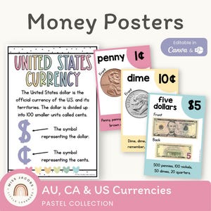 Pastel Money Posters for Classroom, Printable Coin & Dollar Bill Charts, Editable Counting Value Math Anchor Charts (AU CAD AUD)