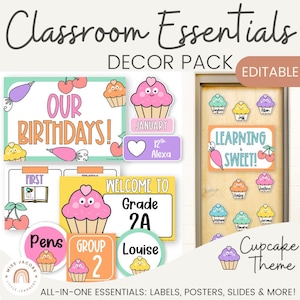 Colorful Cupcake Classroom Decor Bundle, Editable 5 Sets of Sweet Theme Teacher Essentials, Printable Classroom Must Have Decorations Pack