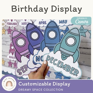 May include: A birthday display with rocket ship cutouts in purple, blue, and teal. The display includes months of the year and the text "Birthday Display" and "Customizable Display". The design is editable in Canva.