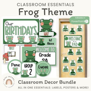 Frog Classroom Decorations Pack, Editable Spring Nature Theme Decor Bundle, Printable Teacher Essentials for Posters, Labels, Door & More