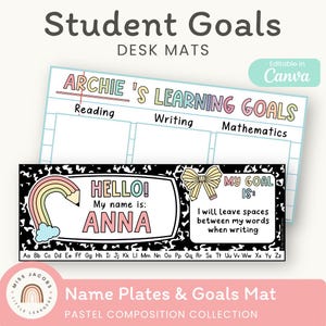 May include: A rectangular desk mat featuring a black and white composition notebook pattern, a rainbow pencil graphic, a yellow bow, and text including "HELLO! My name is: ANNA" and "MY GOAL IS: I will leave spaces between my words when writing."
