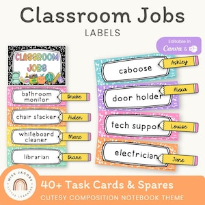 Cutesy Classroom Job Chart Composition Book Theme, Editable Class Job Poster, Bright Student Jobs Pocket Cards, Colorful Classroom Decor