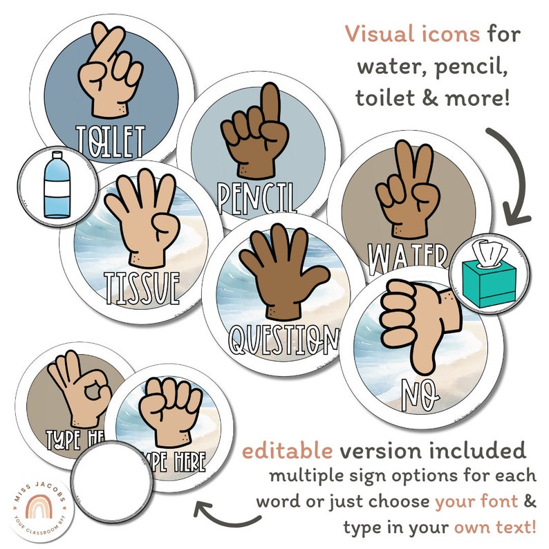 Hand Signals | Modern Ocean Classroom Decor | Editable - Etsy