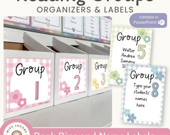 Reading Group Organizers & Labels | Daisy Gingham Pastels Classroom Decor | Editable