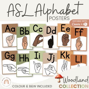 Woodland ASL Alphabet Posters A–Z, Editable Sign Language Classroom Display, Printable Calm Decor, Bilingual Support, PDF & Canva Templates