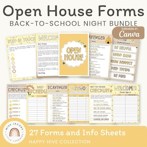 May include: A collection of printable Open House forms and information sheets for a back-to-school night bundle. The documents feature a yellow and brown color scheme with bee and flower illustrations, including checklists, schedules, and sign-in sheets.